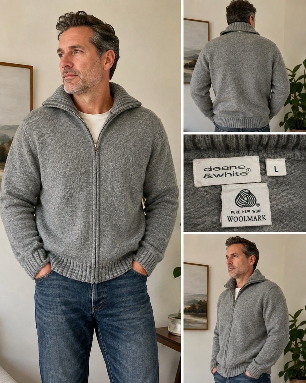 Deane & White 100% Wool Sweater Jacket Gray Zip Front Ribbed Collar L